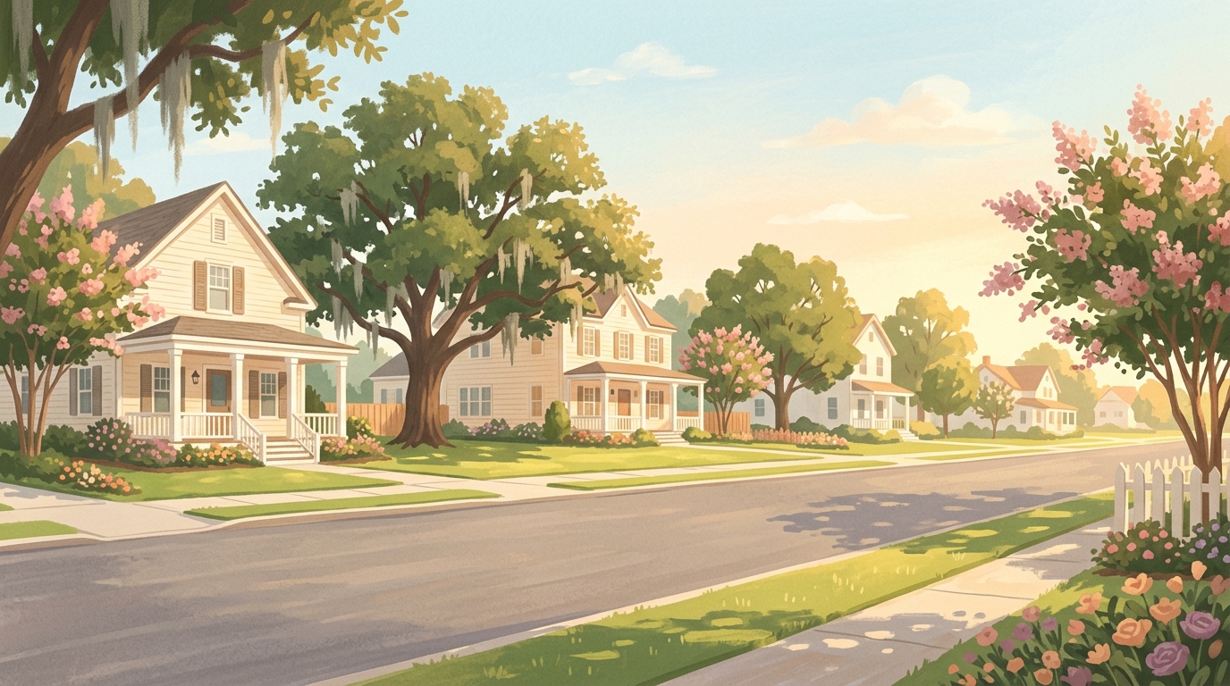 Illustration of two-story houses with white columns