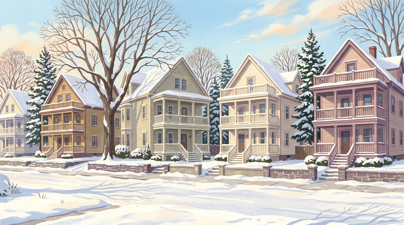 Illustration of three-story wooden houses with stacked porches in snow