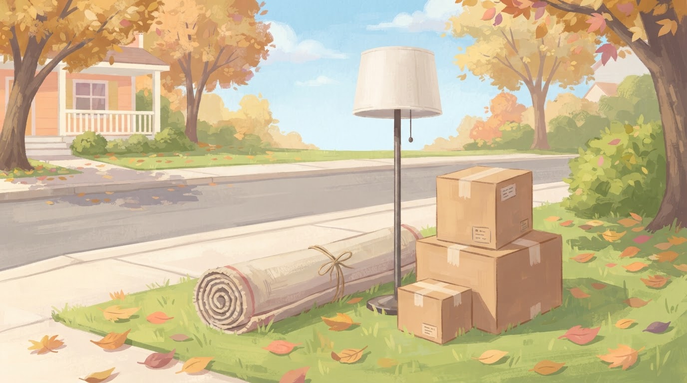 Illustration of boxes, a lamp and a rolled rug on a front lawn