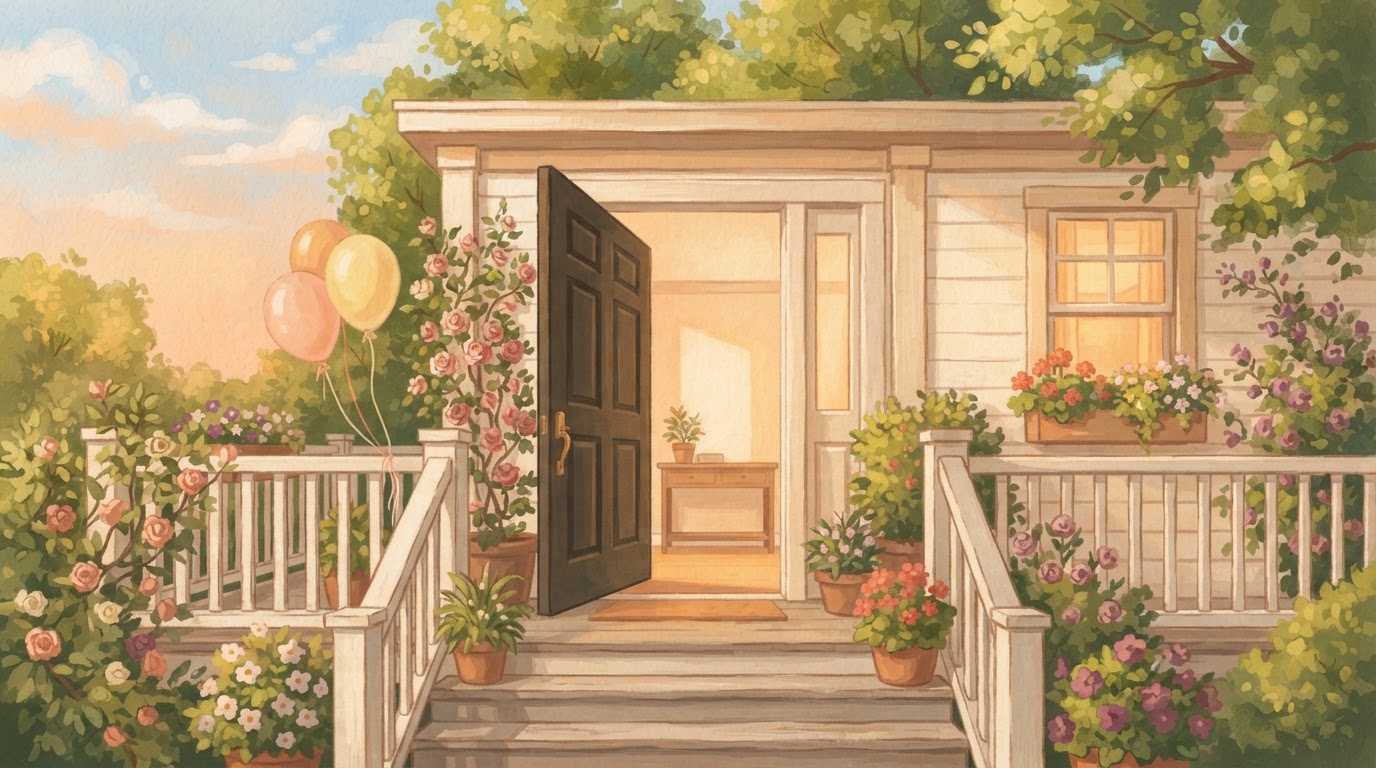 Illustration of an open front door onto an empty entry hall at dusk