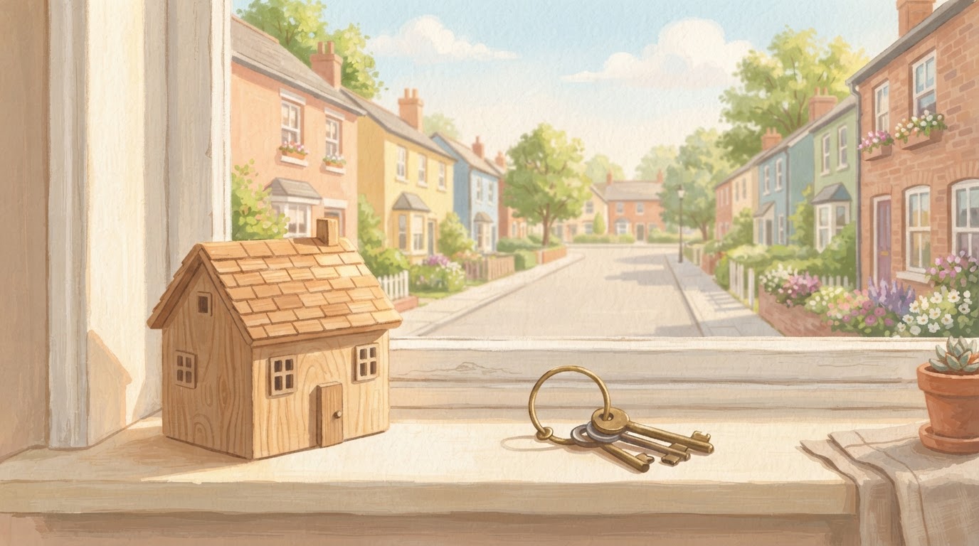 Illustration of a small model house and a ring of keys on a windowsill
