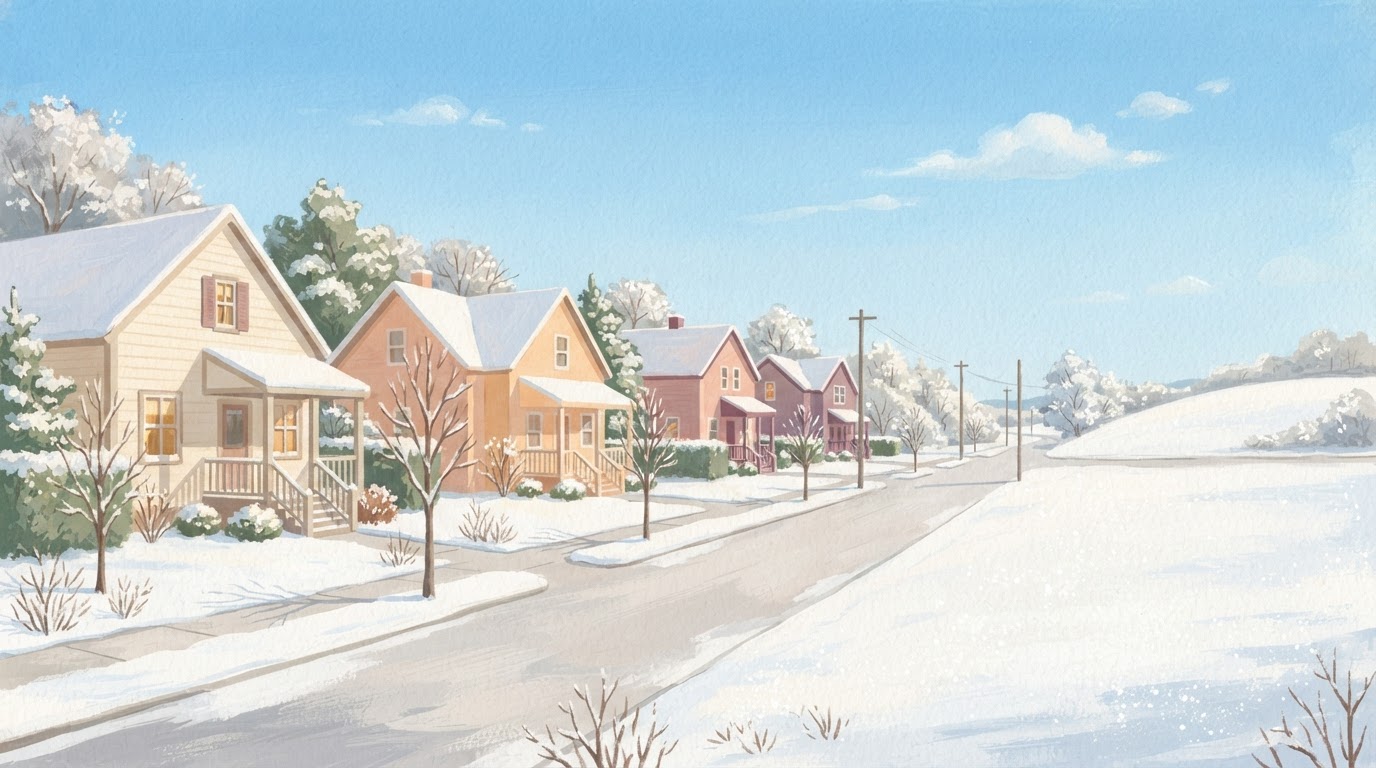 Illustration of a quiet street of modest houses with porches in snow