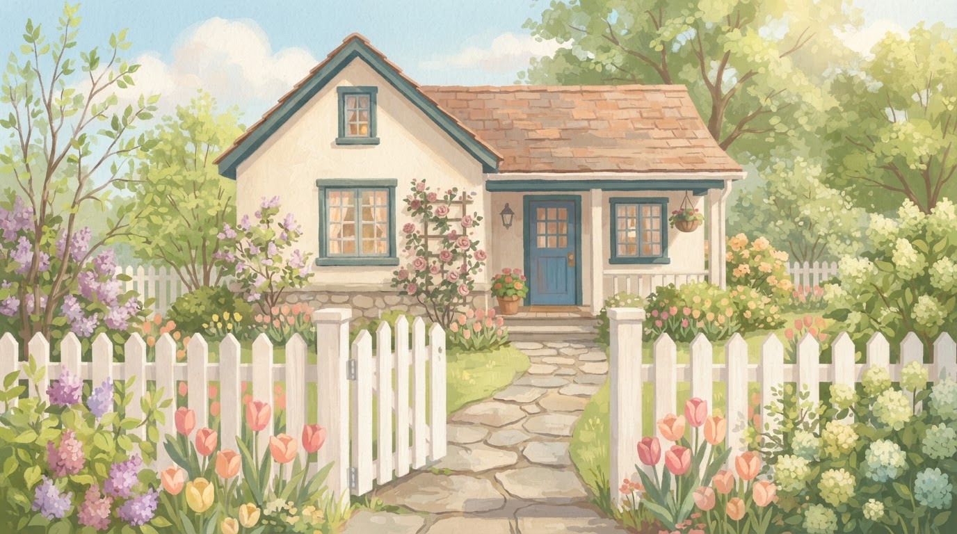 Illustration of a small house behind a picket fence with an open gate in spring