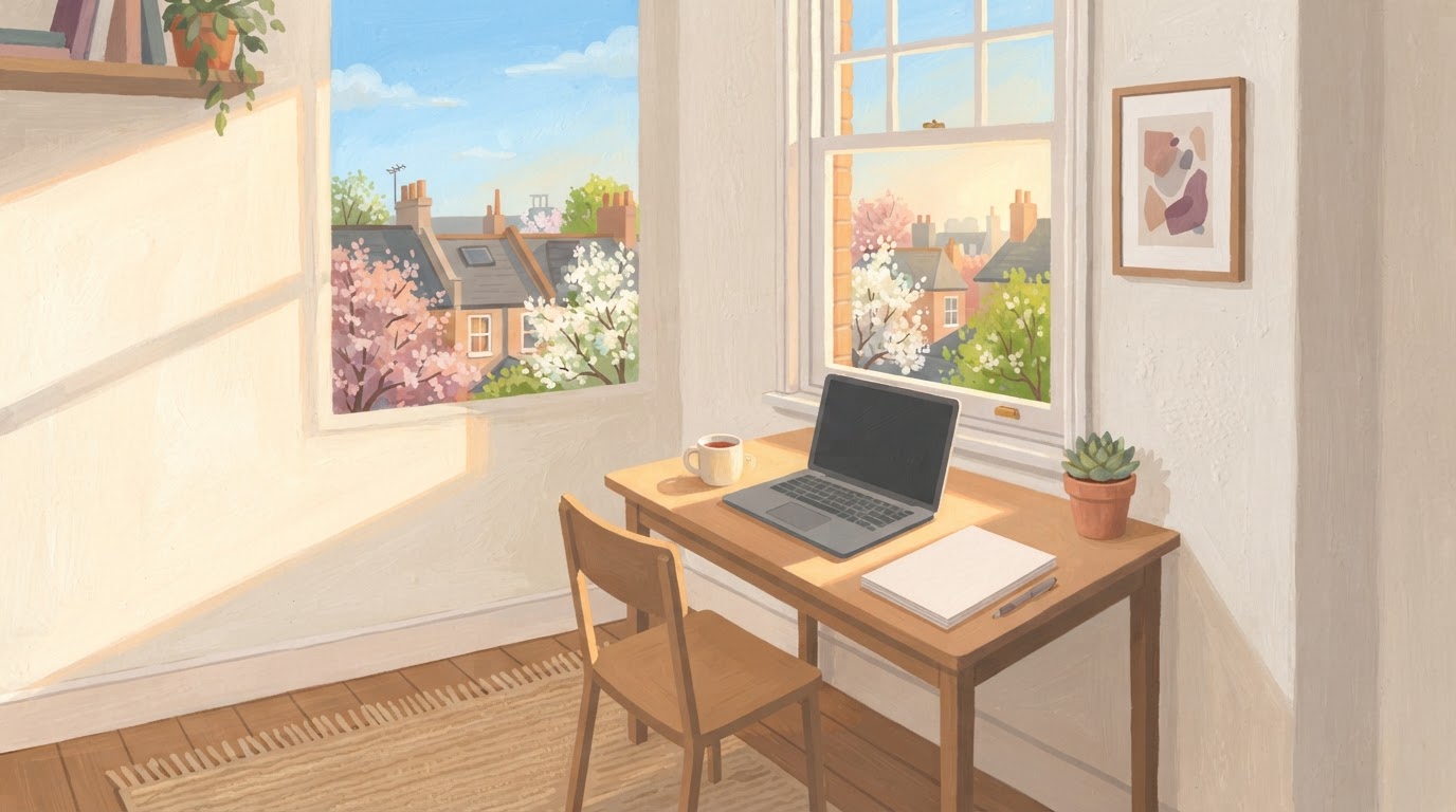 Illustration of a home desk with a closed laptop by a window over rooftops