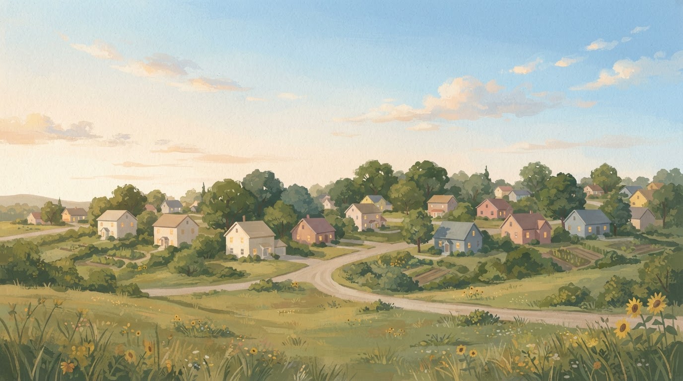 Illustration of a neighborhood of modest houses over gentle slopes at dusk