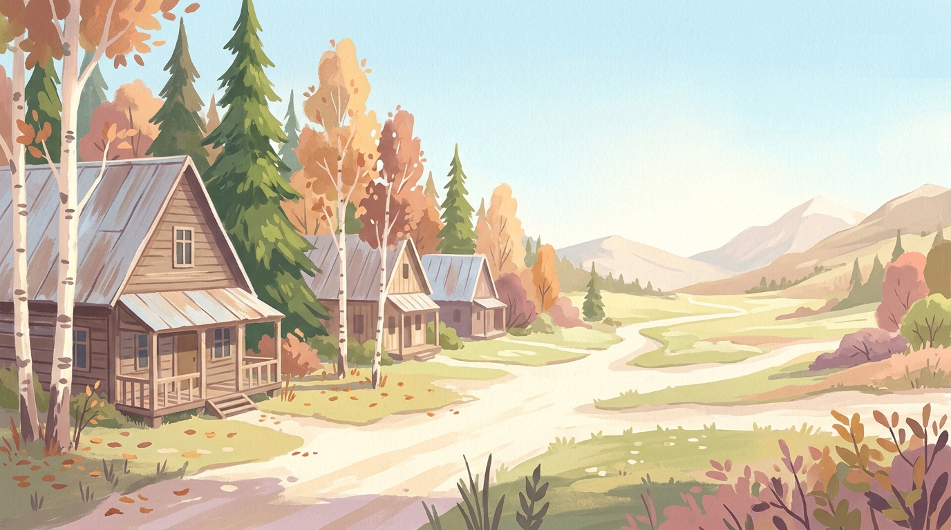 Illustration of wooden houses with steep metal roofs among spruce and birch, mountains beyond