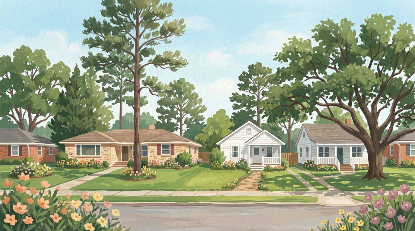 Illustration of brick ranch houses and white frame cottages among tall pines and live oaks
