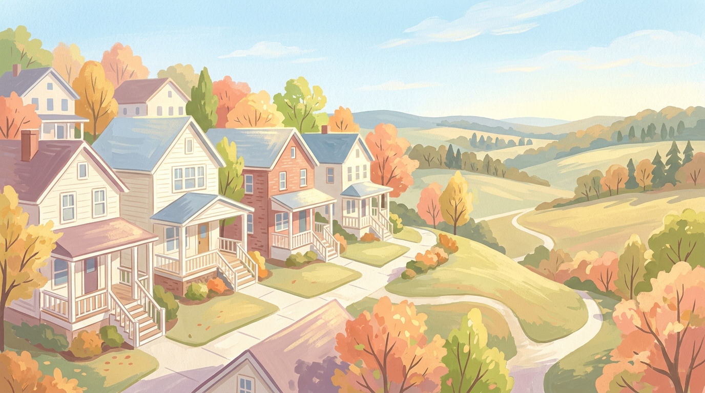 Illustration of frame and brick houses with porches on wooded, rolling hills