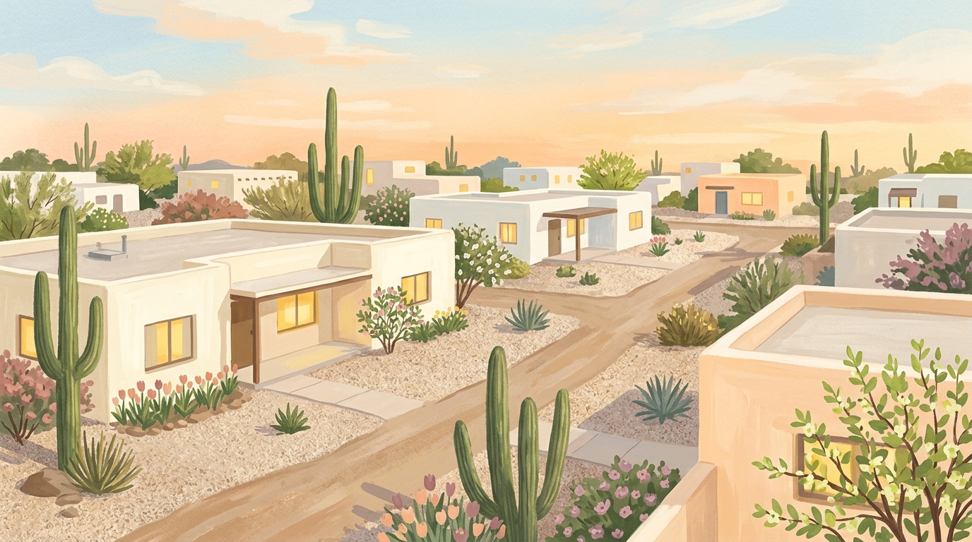 Illustration of low flat-roofed stucco houses with gravel yards among tall cactus in spring