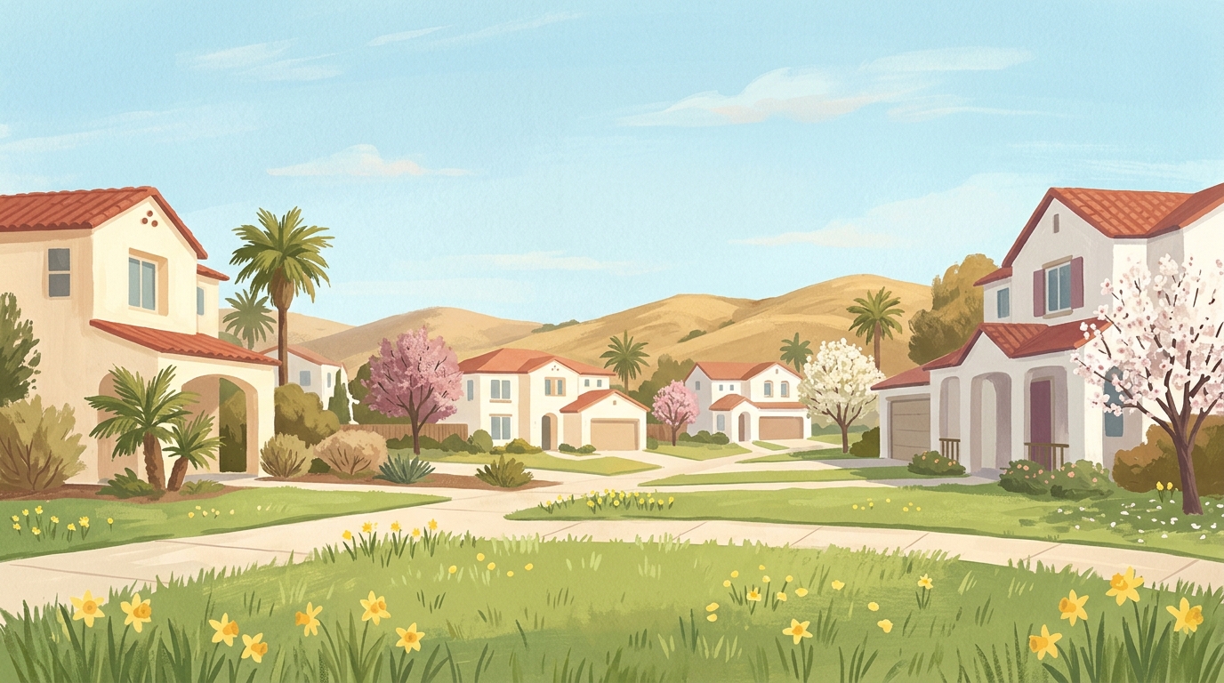 Illustration of stucco houses with red tile roofs, palms and dry golden hills in spring