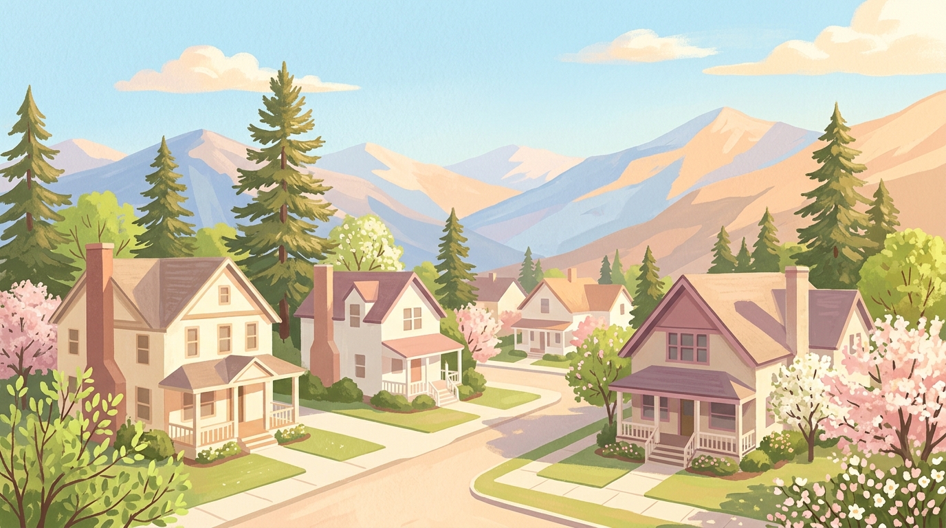 Illustration of two-story houses with pitched roofs and pines, tall mountains beyond in spring