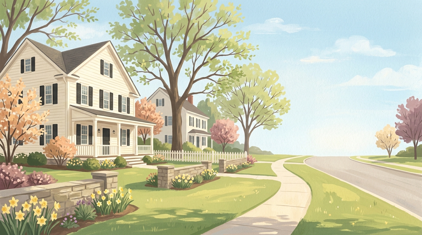 Illustration of white clapboard colonials with black shutters and big maples in the yards in spring