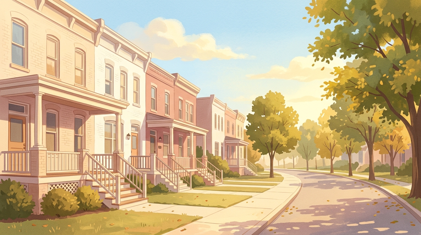 Illustration of painted brick rowhouses with front porches on a tree-lined street