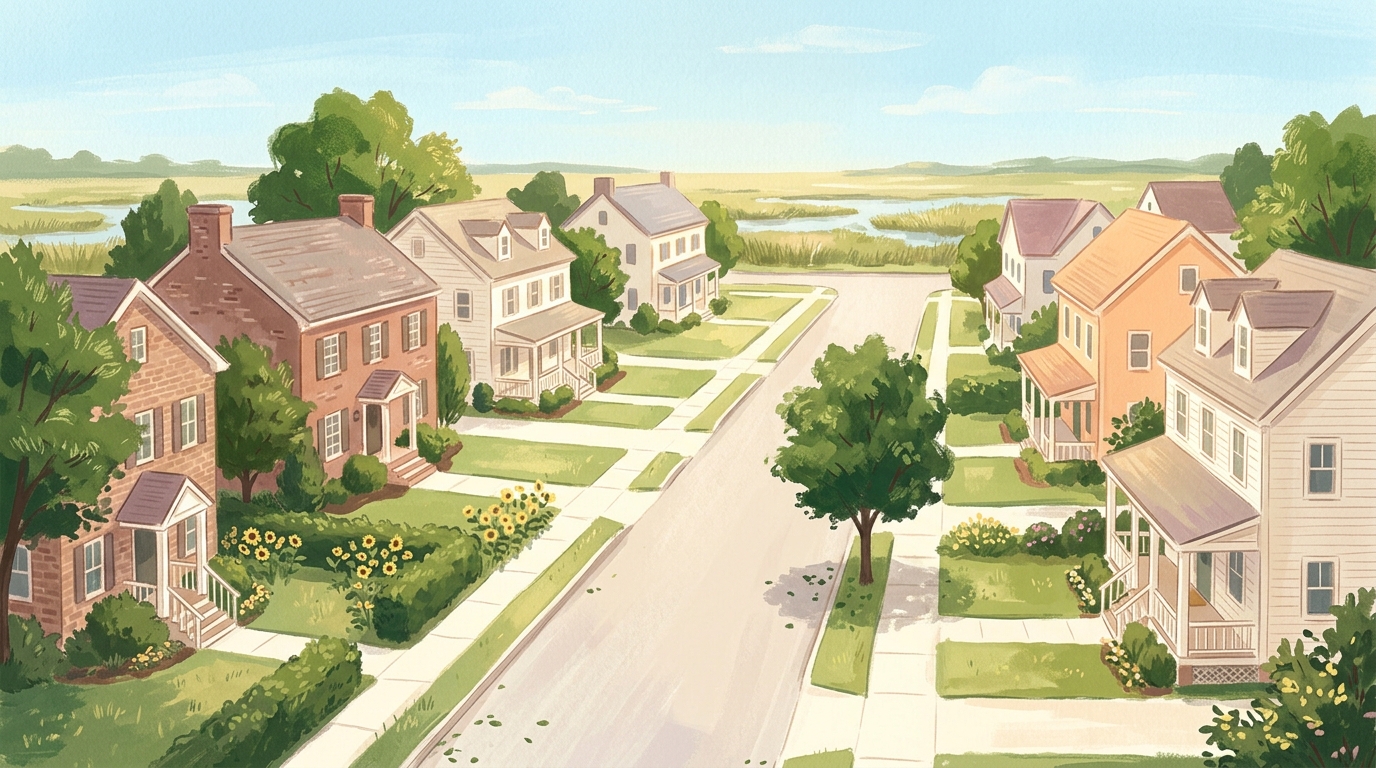 Illustration of brick colonials and frame houses on a flat, leafy street near marsh grass