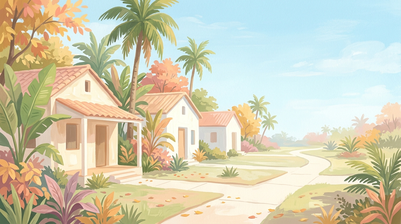 Illustration of low stucco houses with palm trees and bright tropical plants
