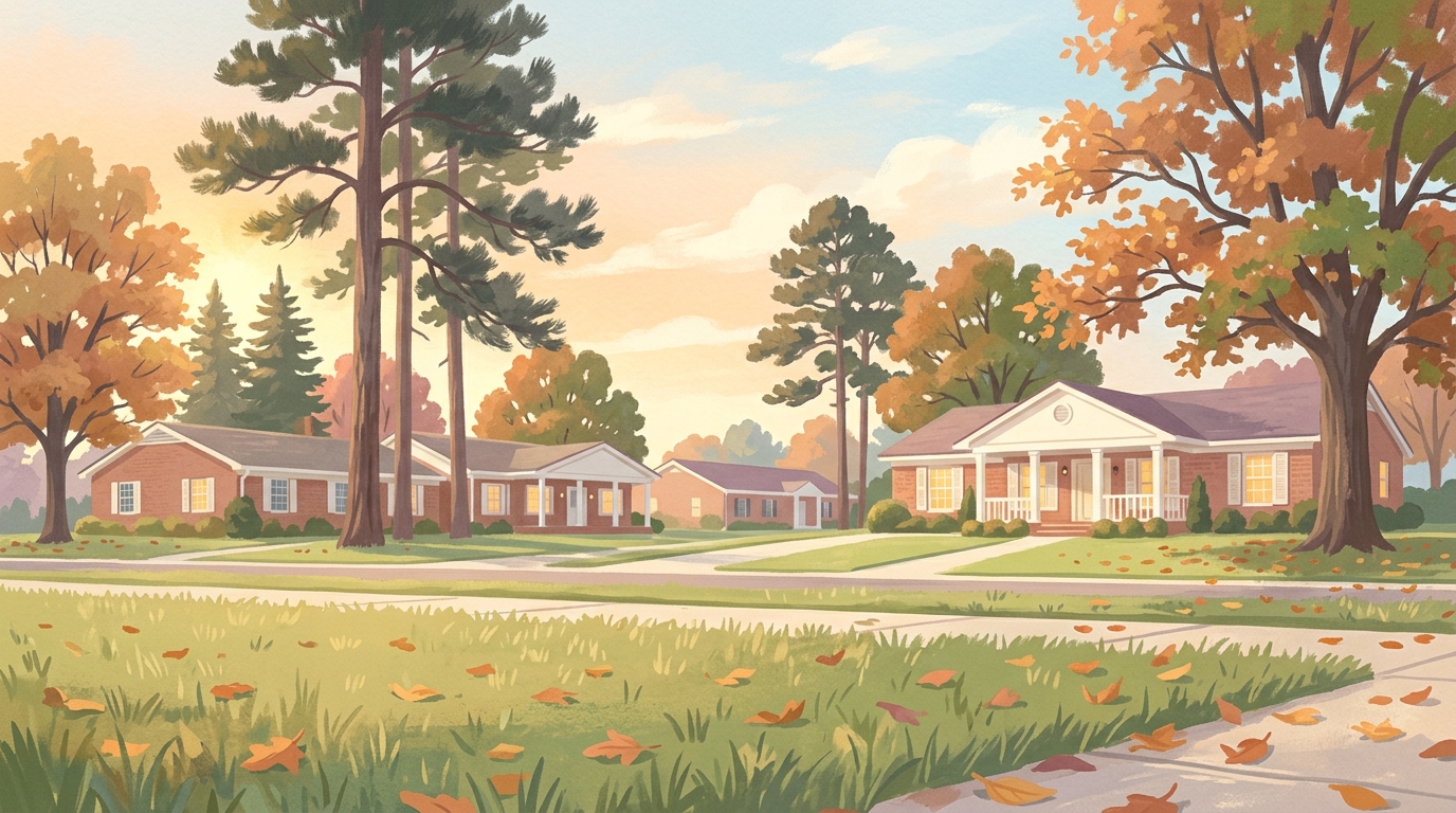 Illustration of brick ranch houses and white-columned porches among tall pines and oaks at dusk