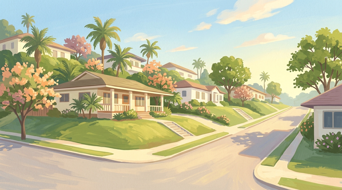 Illustration of low houses with wide eaves on green hillsides among palms and flowering trees
