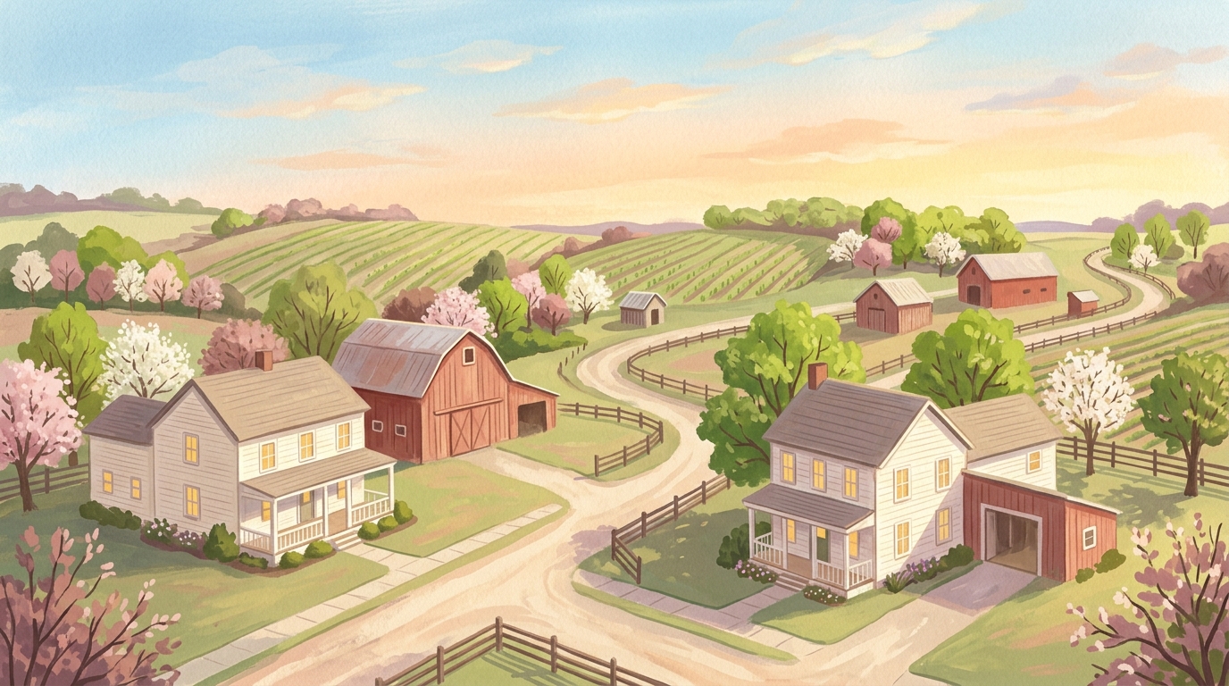 Illustration of white farmhouses with red barns among rolling fields of corn in spring