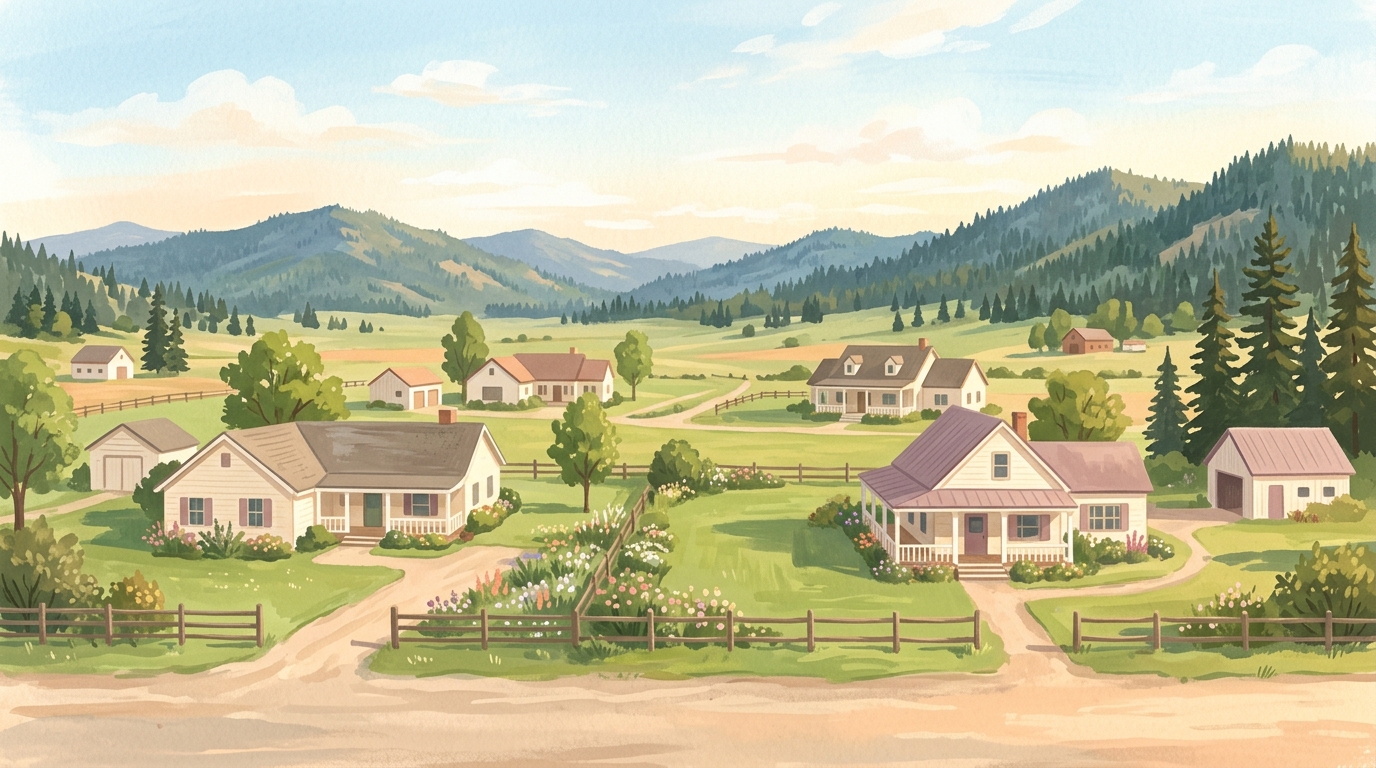 Illustration of ranch houses and farmhouses on open land, pine-covered mountains beyond