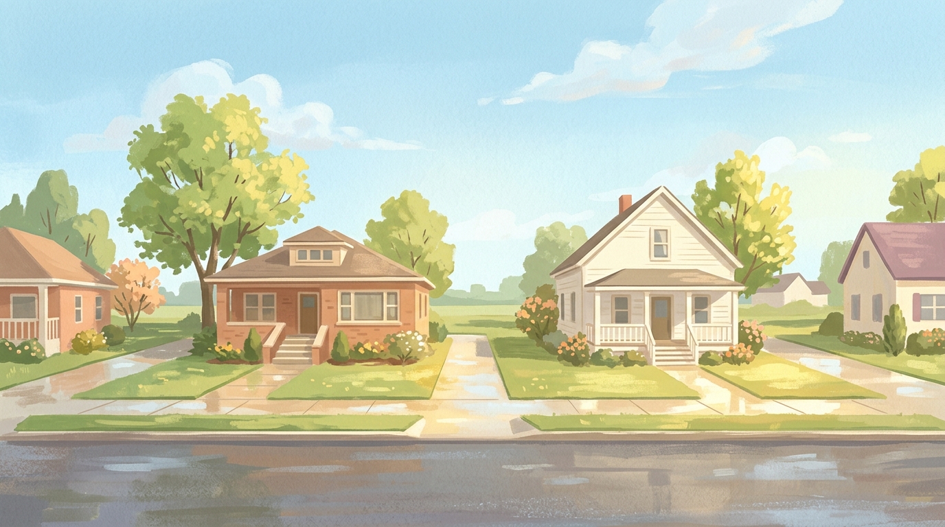 Illustration of brick bungalows and frame farmhouses on flat land with big shade trees in a light shower