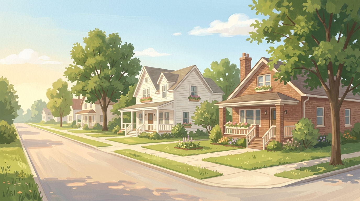 Illustration of white frame farmhouses and brick houses with porches on flat, leafy land