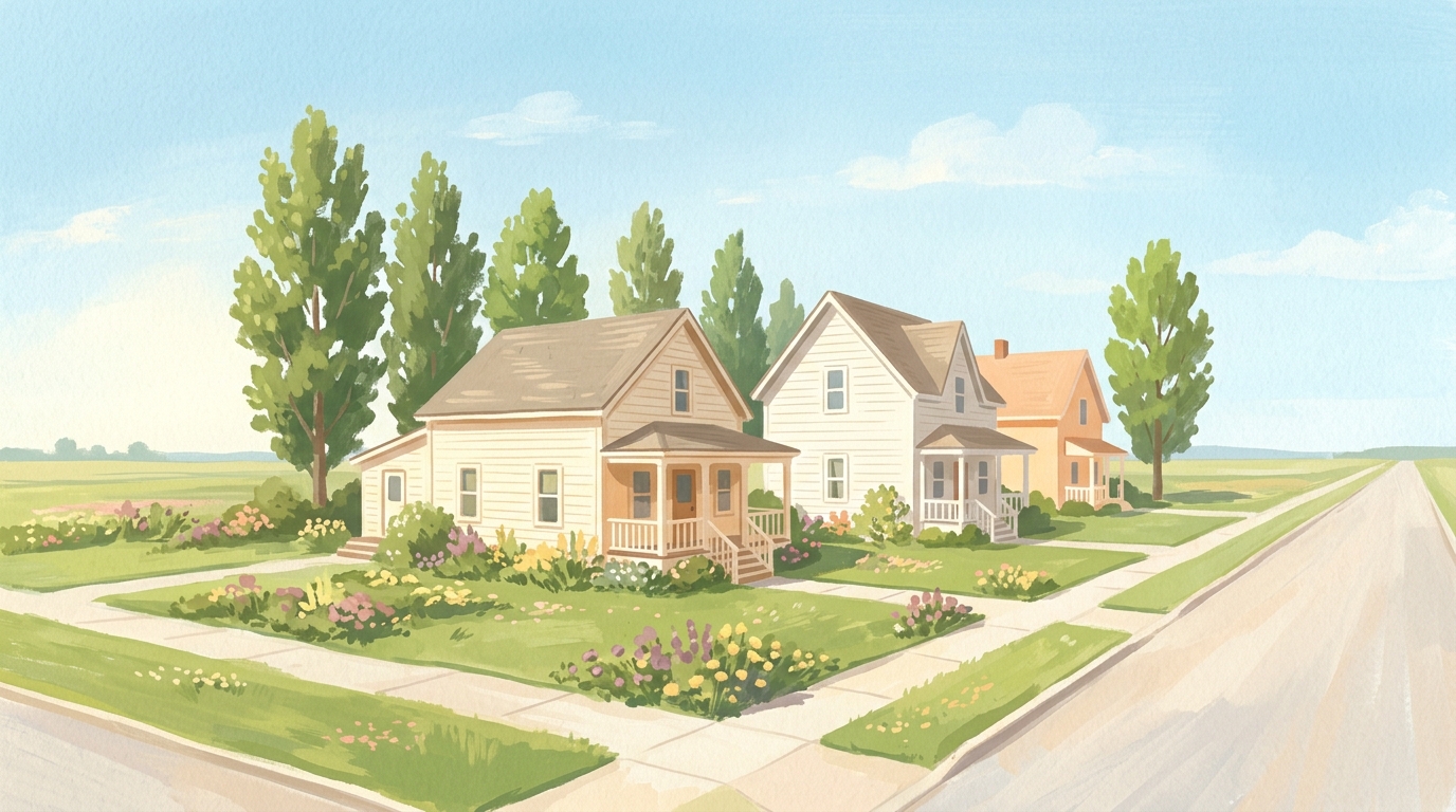 Illustration of frame houses with porches and windbreak trees on wide, flat prairie