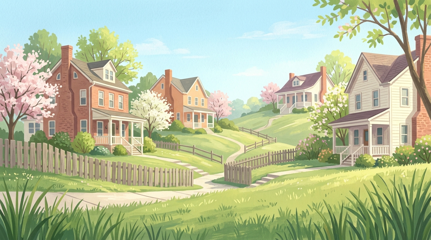 Illustration of brick and frame houses with porches on green, rolling hills with board fences in spring