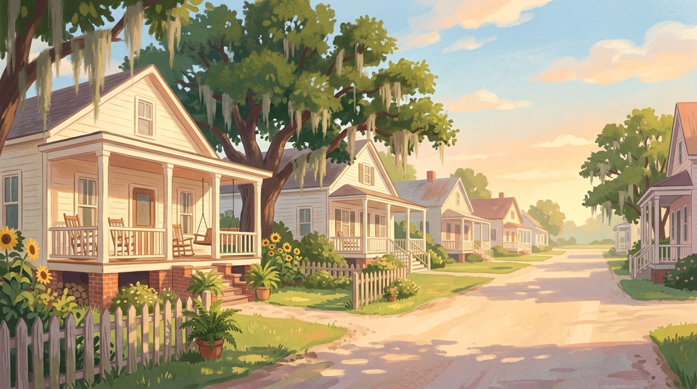 Illustration of raised cottages with wide porches and moss-hung live oaks in the yards
