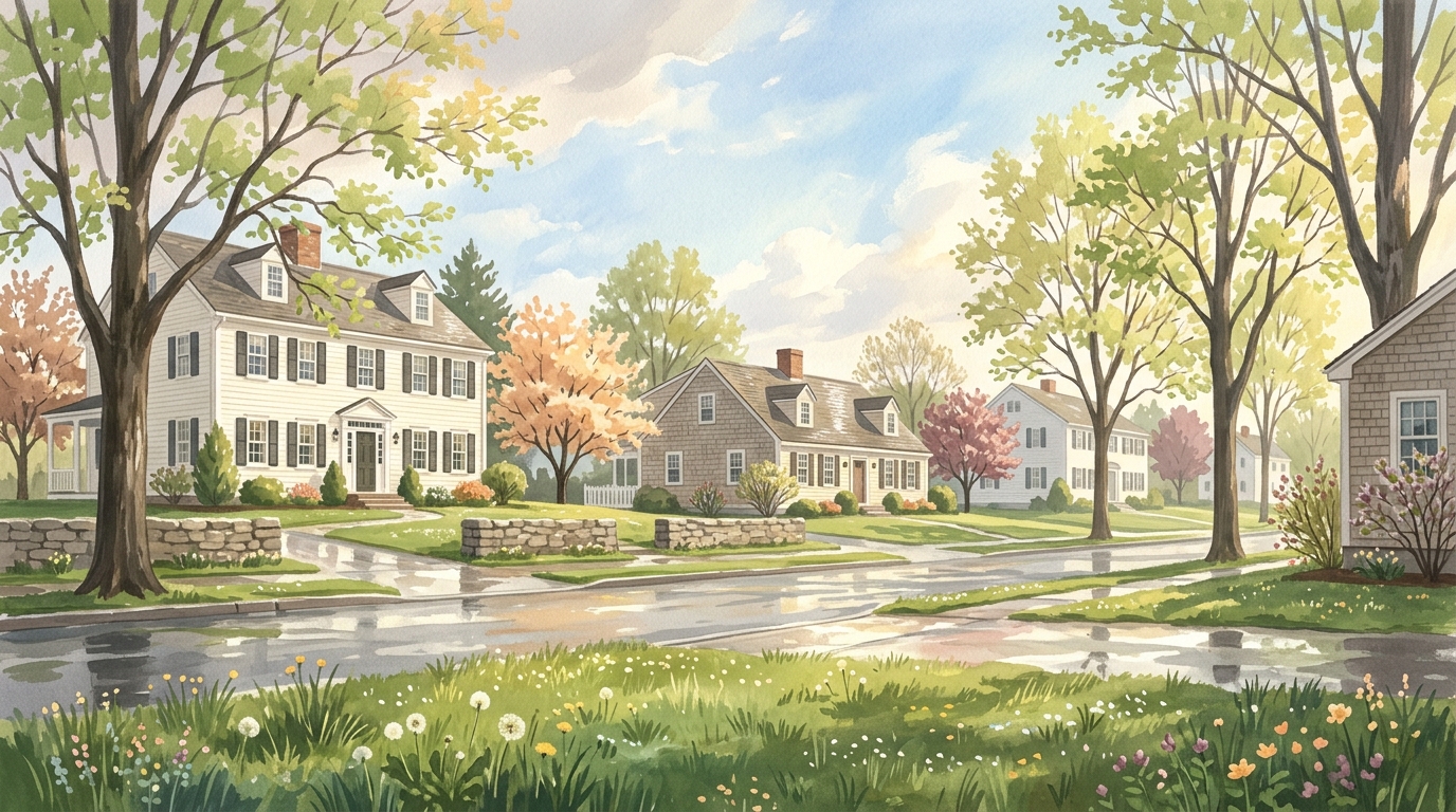 Illustration of white clapboard colonials and shingled capes with stone walls and maples in a light shower