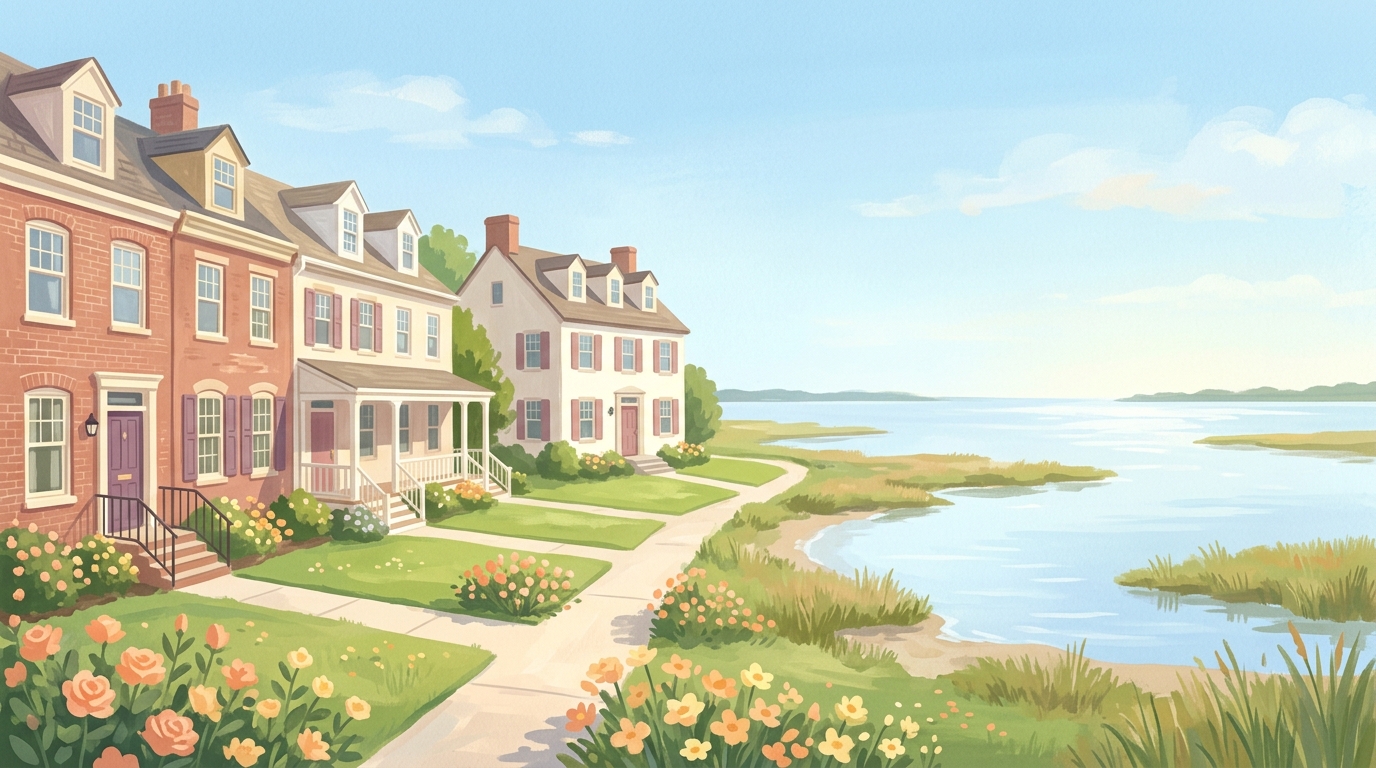 Illustration of brick rowhouses and colonials near a calm bay with marsh grass