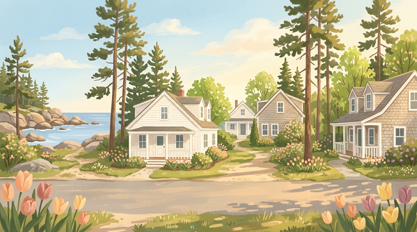 Illustration of white clapboard capes and shingled houses among pines near a rocky shore in spring