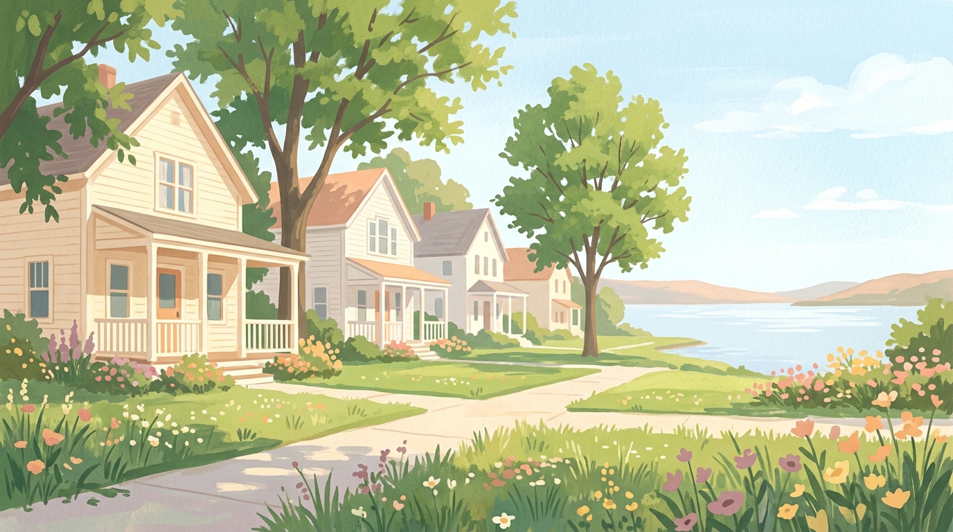 Illustration of frame houses with porches and big maples near a wide lake