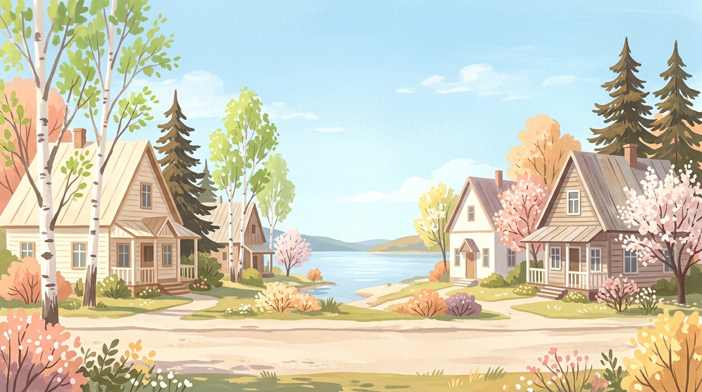 Illustration of wooden houses with steep roofs among birch and pine beside a calm lake in spring