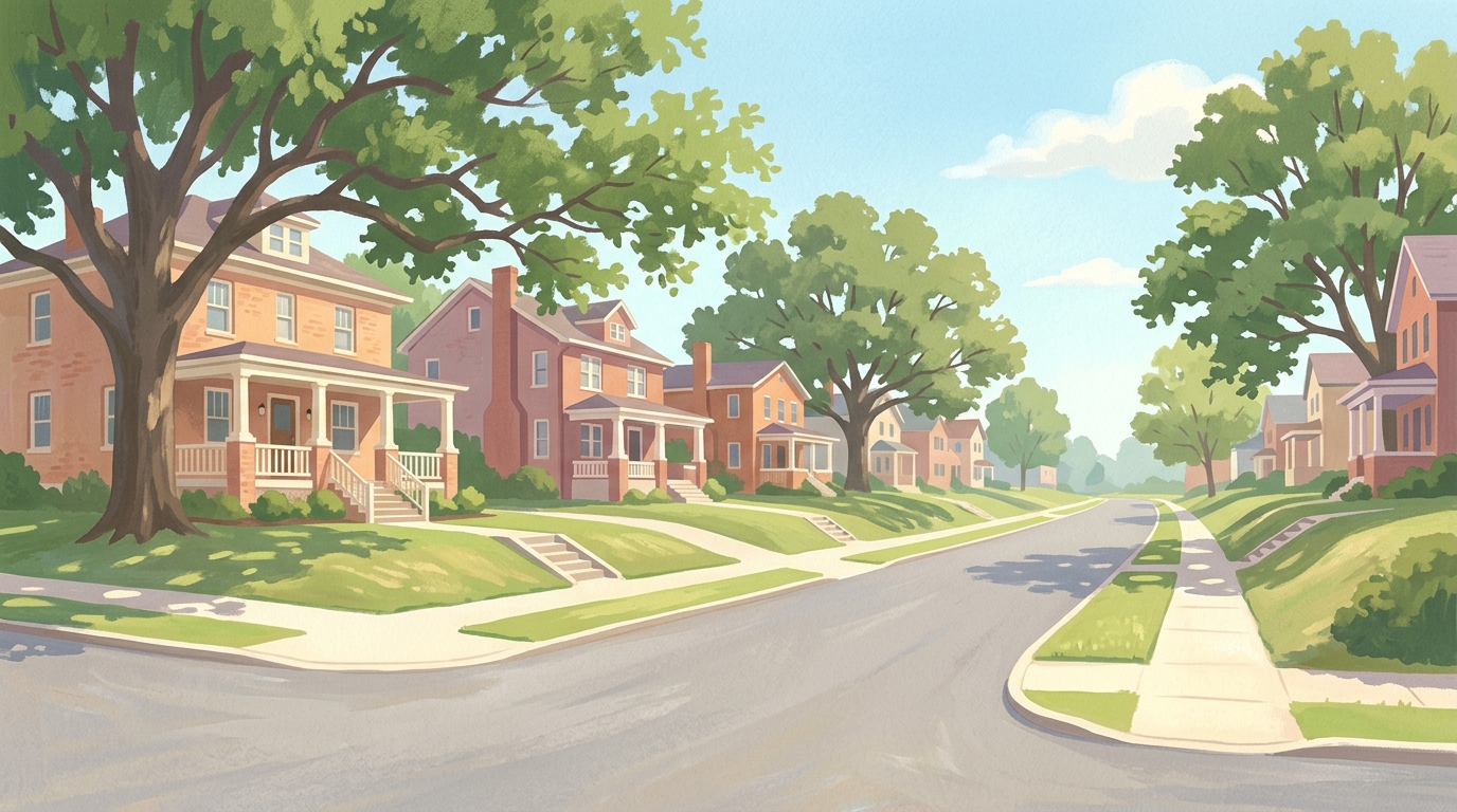 Illustration of brick houses with porches on gently rolling land with big oaks