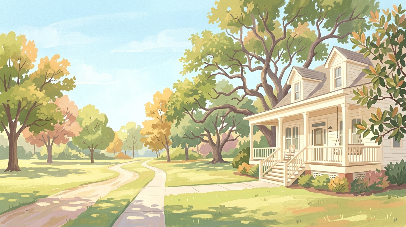 Illustration of white frame houses with deep porches, magnolias and live oaks in the yards