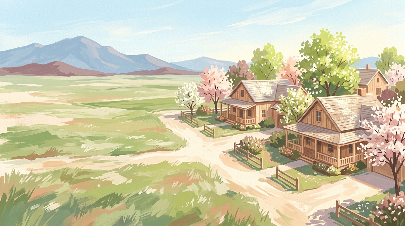 Illustration of wooden ranch houses on wide open grassland, mountains far off in spring