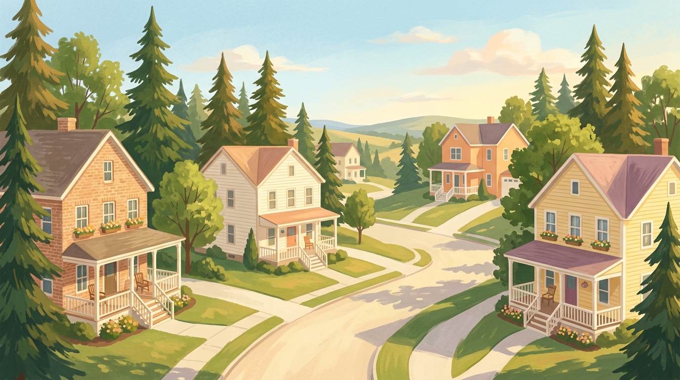 Illustration of brick and frame houses with porches among tall pines on rolling hills