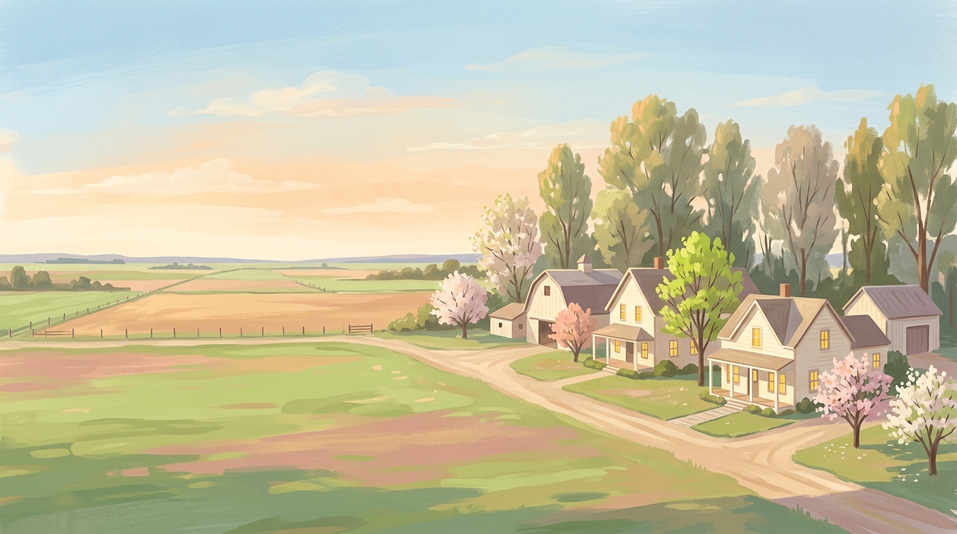 Illustration of frame farmhouses with windbreak trees on wide flat fields in spring
