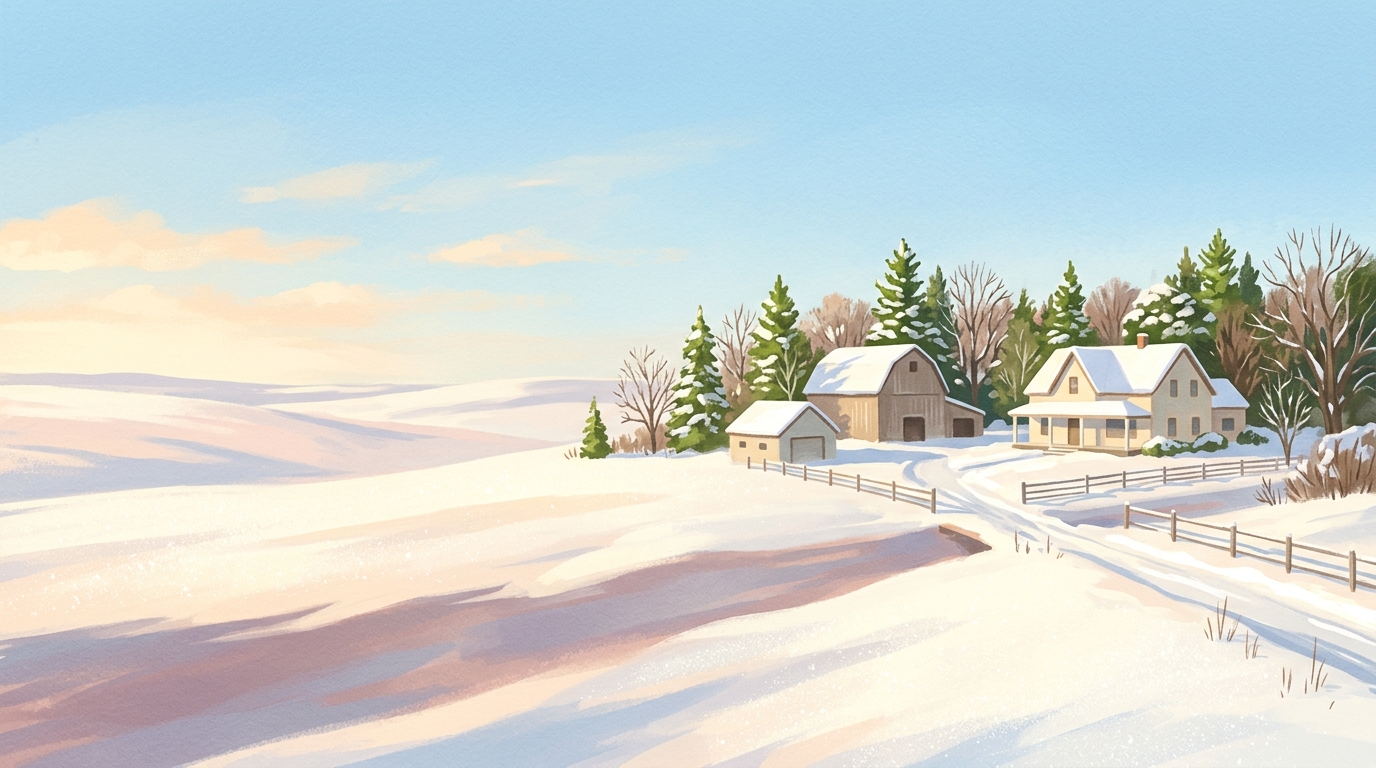 Illustration of frame farmhouses with windbreak trees on wide, rolling prairie in snow