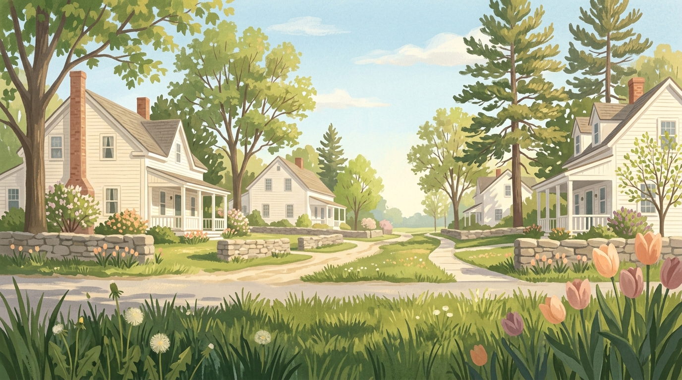 Illustration of white clapboard farmhouses with stone walls among maples and pines in spring