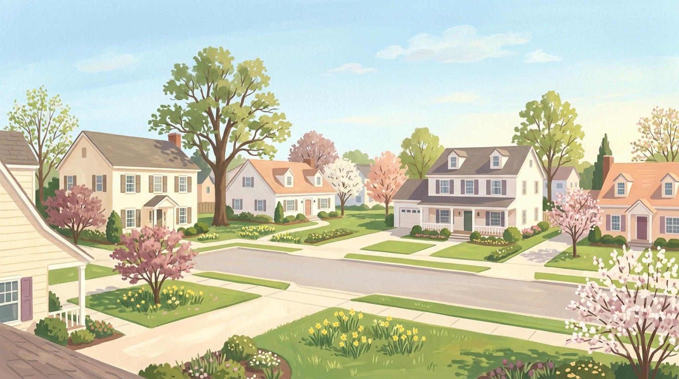 Illustration of two-story colonials and cape houses with neat lawns and tall oaks in spring