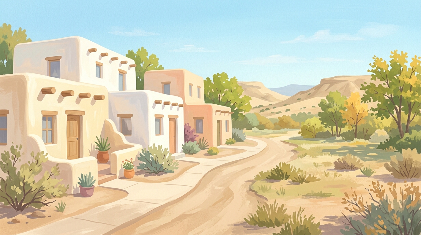 Illustration of flat-roofed adobe houses with rounded walls and wooden beams, dry hills beyond