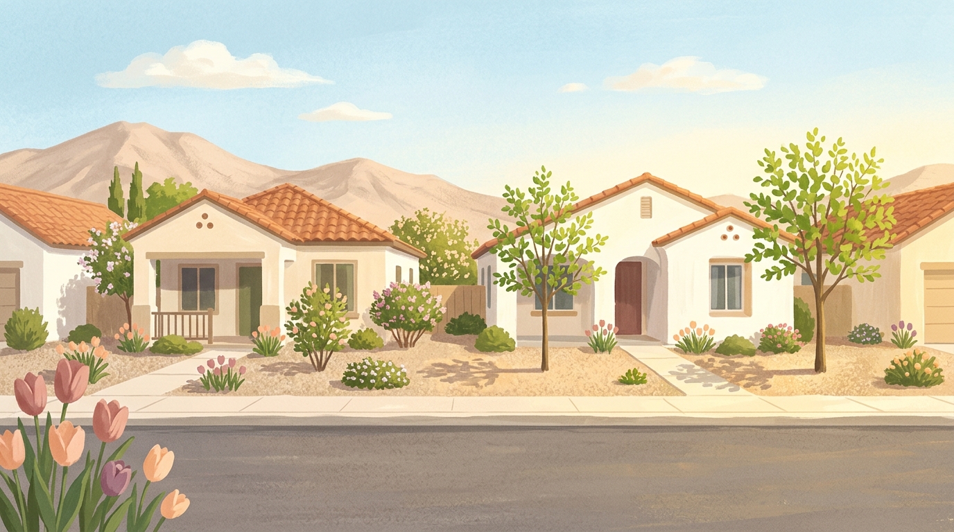 Illustration of stucco houses with tile roofs and gravel yards before bare desert mountains in spring