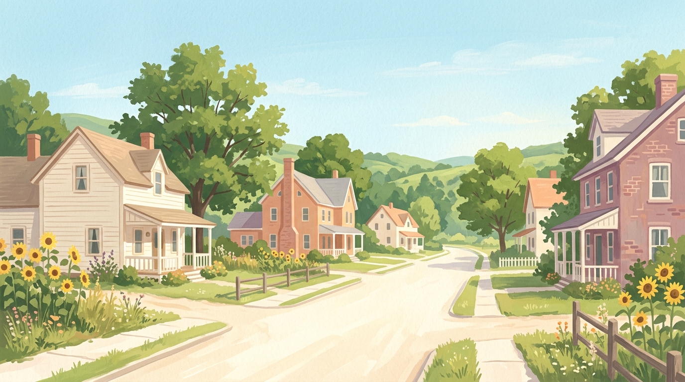 Illustration of wooden farmhouses and brick village houses among maples on rolling hills