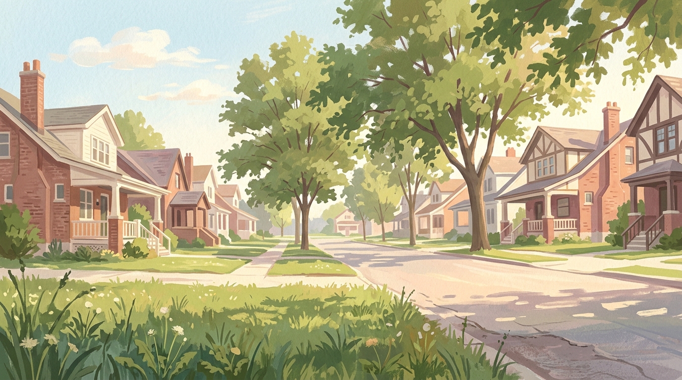 Illustration of brick and frame houses with porches and big maples on a leafy street