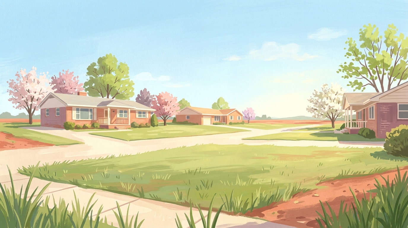 Illustration of brick ranch houses with wide lawns on open, red-earth plains in spring