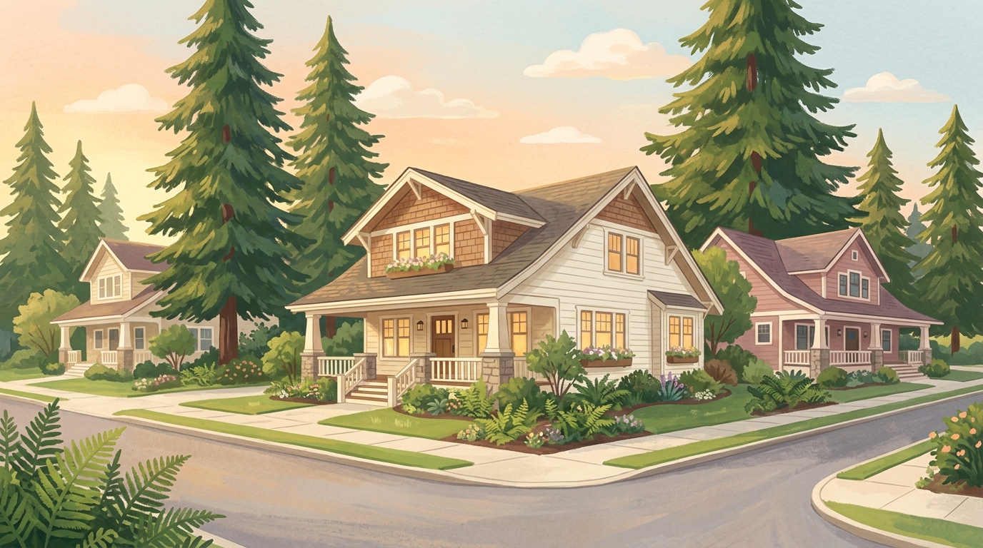 Illustration of craftsman houses with deep porches among tall firs and ferns at dusk