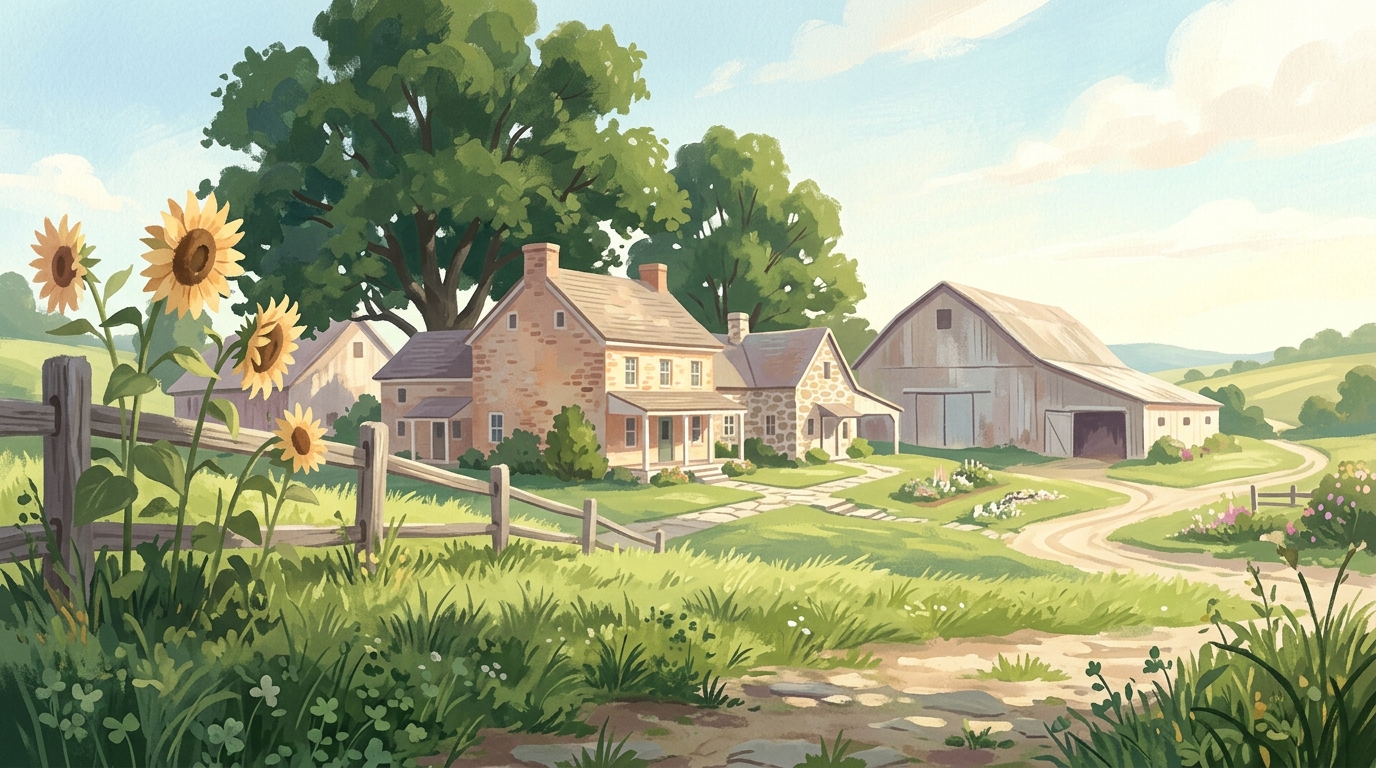 Illustration of brick and stone farmhouses with big barns on green, rolling hills