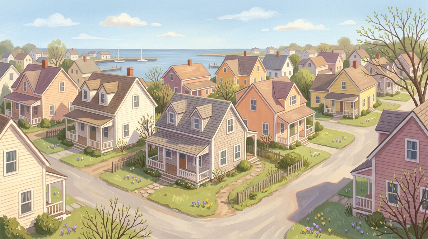 Illustration of shingled cottages and clapboard houses close together near a calm harbor in spring