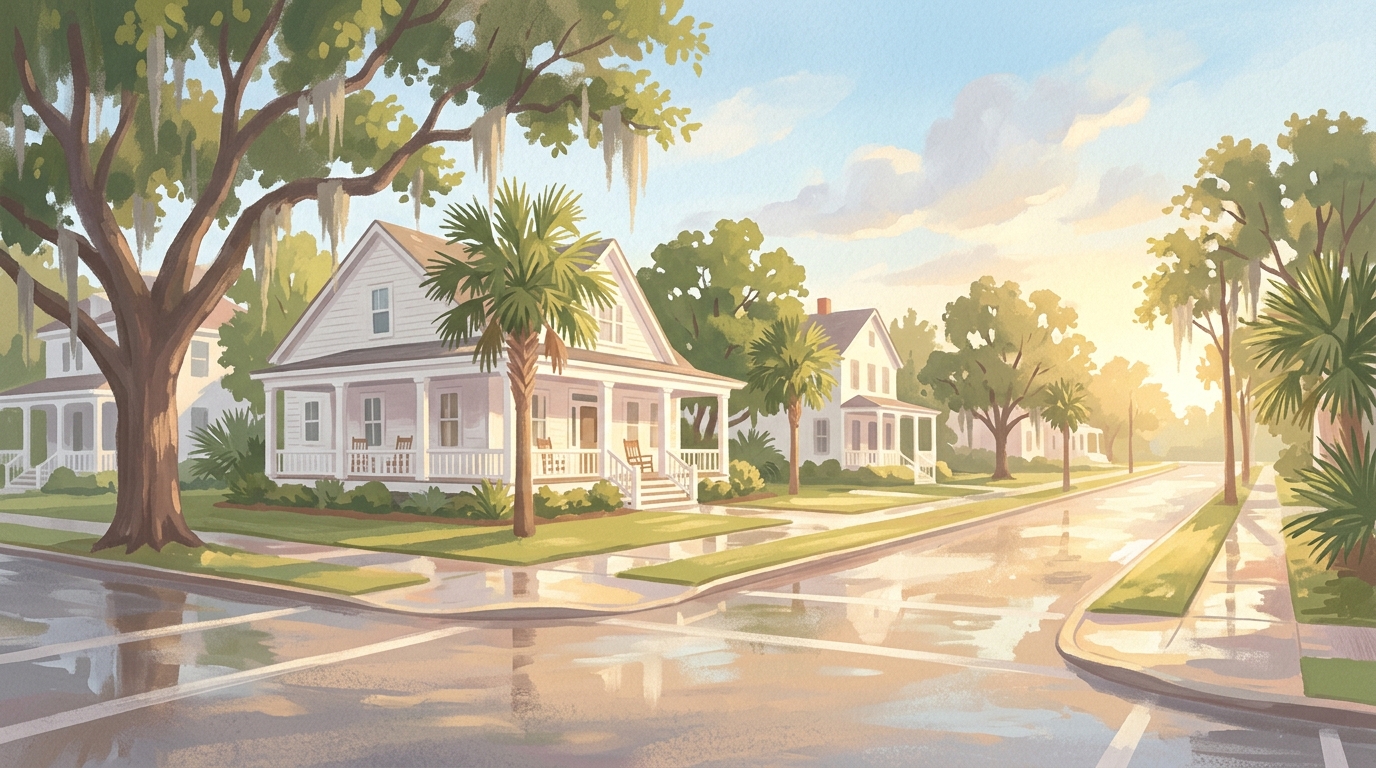 Illustration of white frame houses with wide porches, palmettos and moss-hung oaks in a light shower